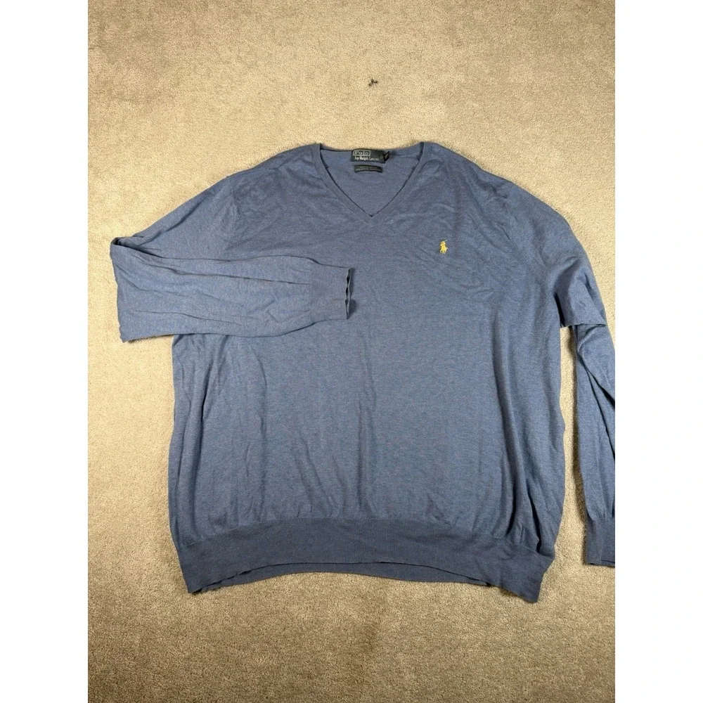 Polo‎ Ralph Lauren Vintage Men's Blue Pima Cotton V Neck Sweater 4XB Pony Preppy
